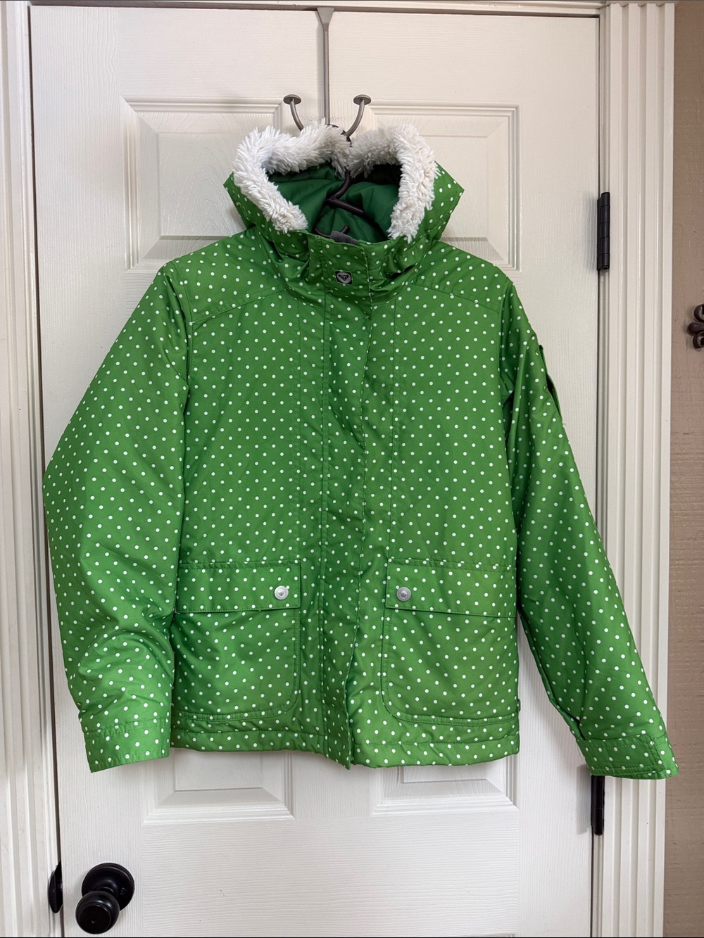 Roxy Green Polka Dot Puffer Jacket with Faux Fur Hood